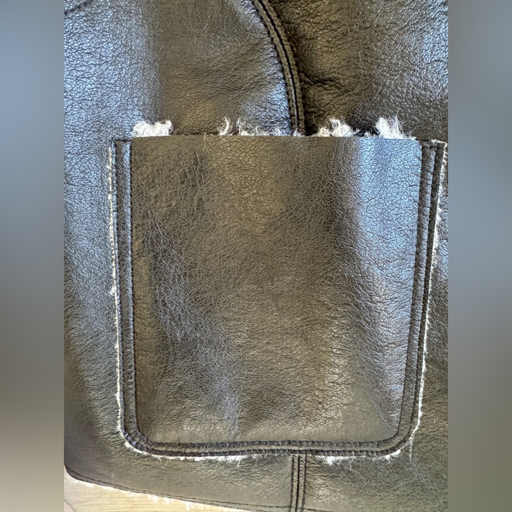 Free People Vegan Leather Embroidered Sherpa Vest Black Ivory Cream size Large - Picture 9 of 14